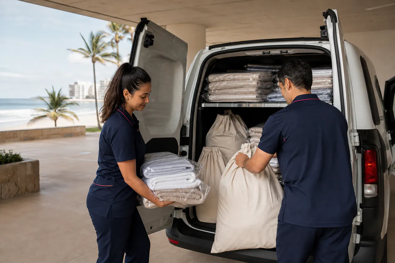 Equipe organizando a rota de coleta em veículo de lavanderia sem marca