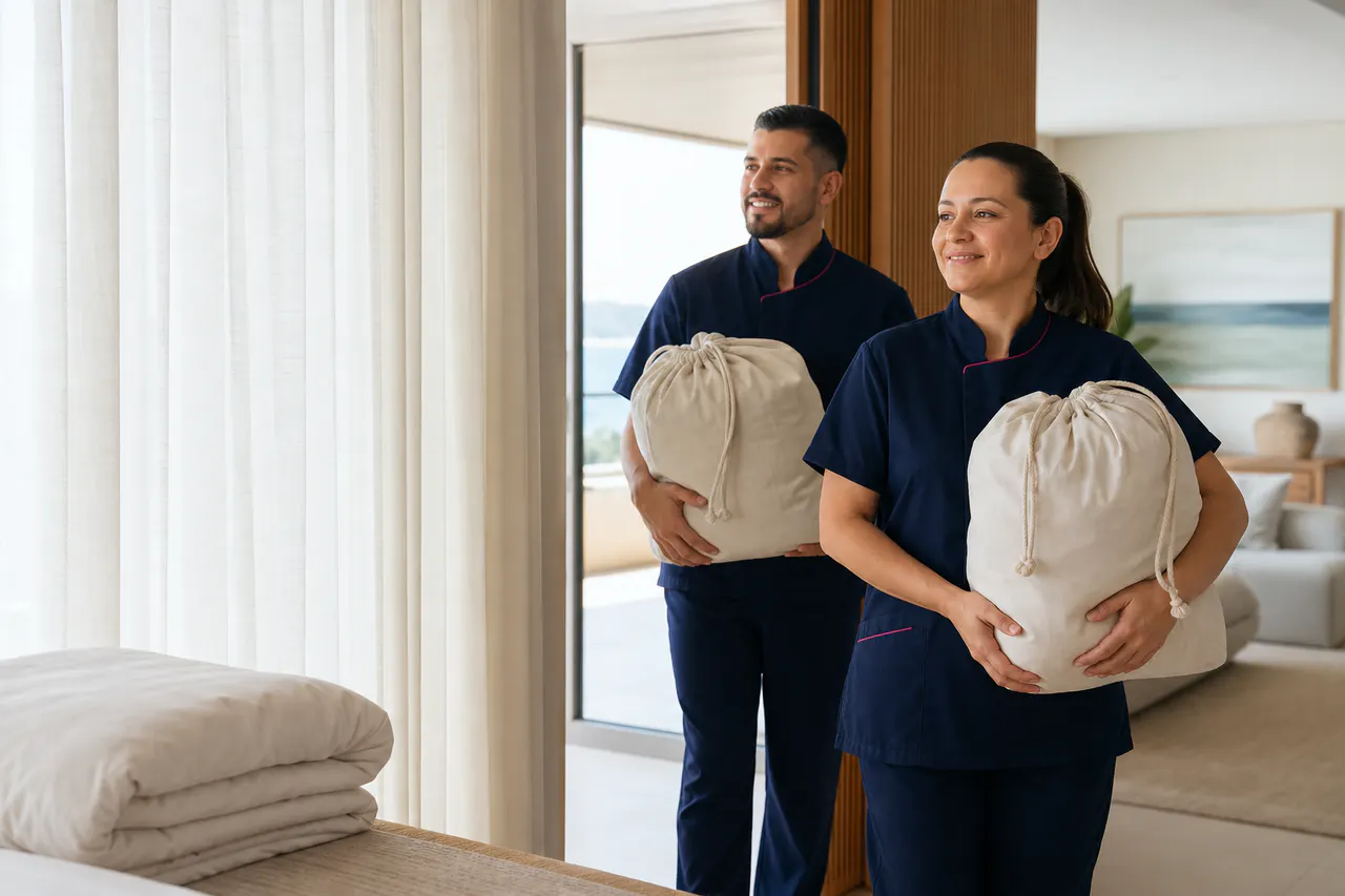 Equipe de lavanderia chegando a um apartamento com sacolas de tecido organizadas
